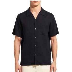 🌟 THEORY 🌟 LINEN POCKET KNIT SHIRT SHORT SLEEVE BUTTON FRONT BLACK SZ  L